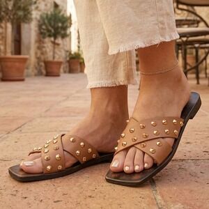Bamboo Womens Slide Sandals Size 8 Brown Gold Studded Slip On Flats Casual